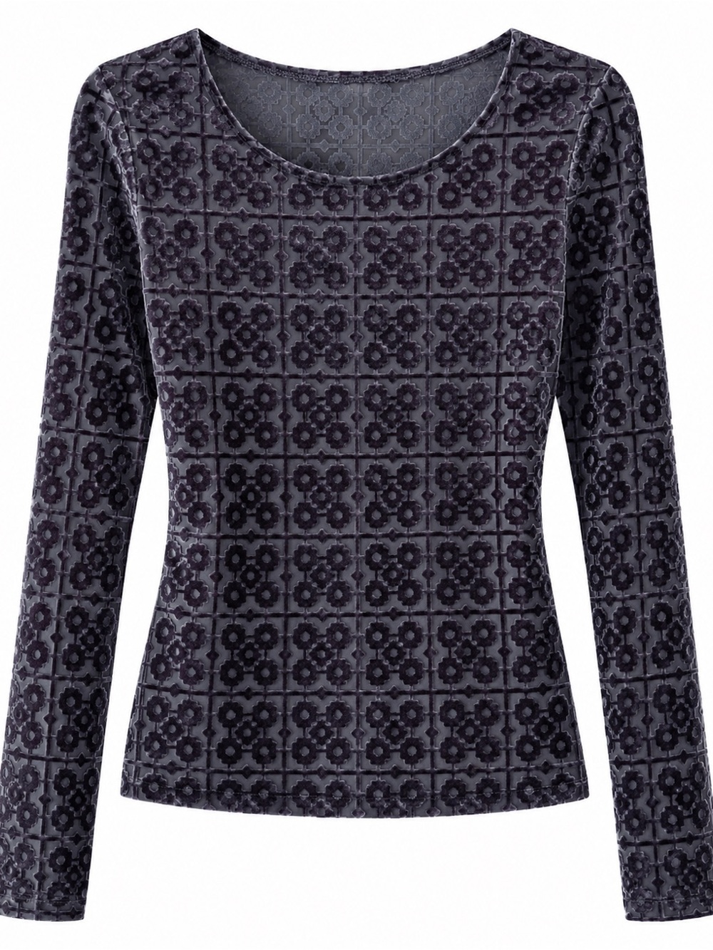 Vintage Sheer Mesh Velvet Devoré Geometric Long Sleeve Top Slate Grey M